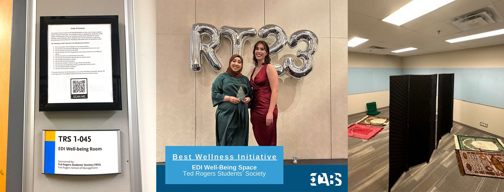 Three images of the EDI well-being space sign, room and Husnaa Zzmarai holding the CABS award