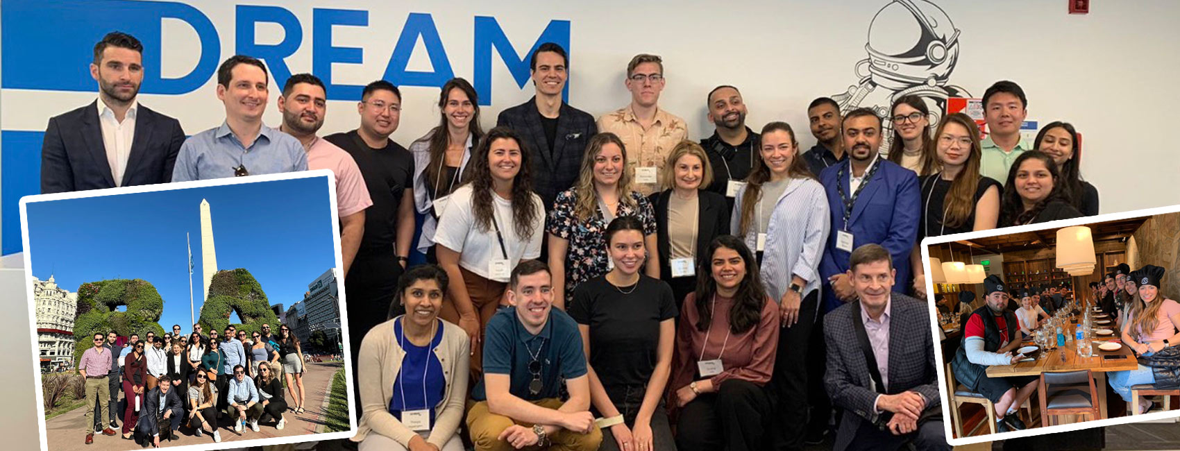 MBA students posing as a group during the Argentina trip, and two photos of the students sightseeing